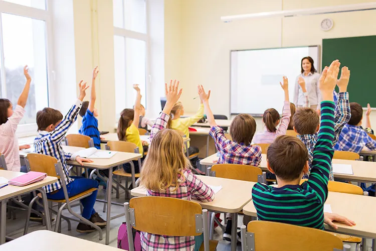 students raise their hands in a classroom