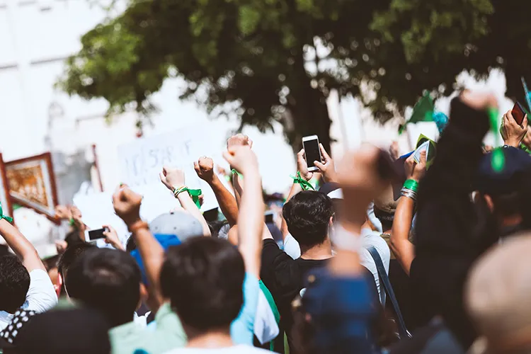 protestors raise their fists in the air during an outdoor protest