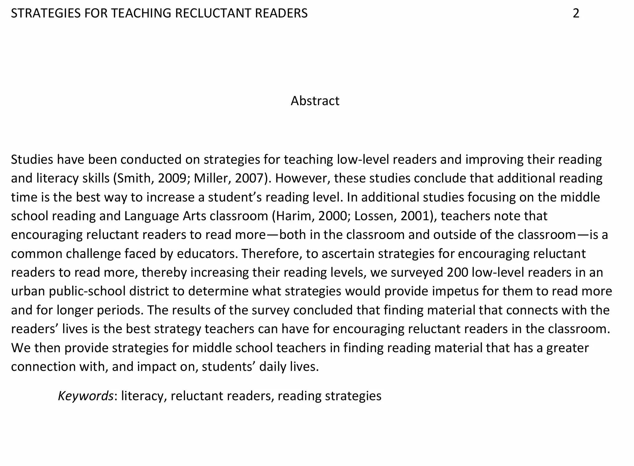This is a sample APA abstract in the field of Education