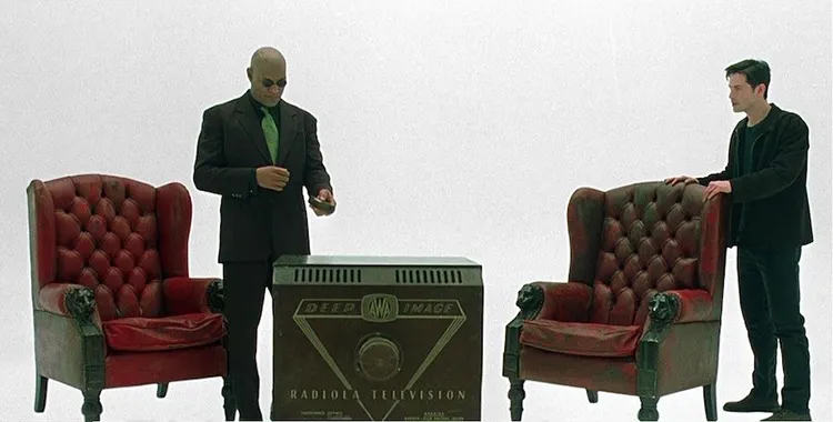 A screenshot from The Matrix where Morpheus trains Neo to survive in the real world