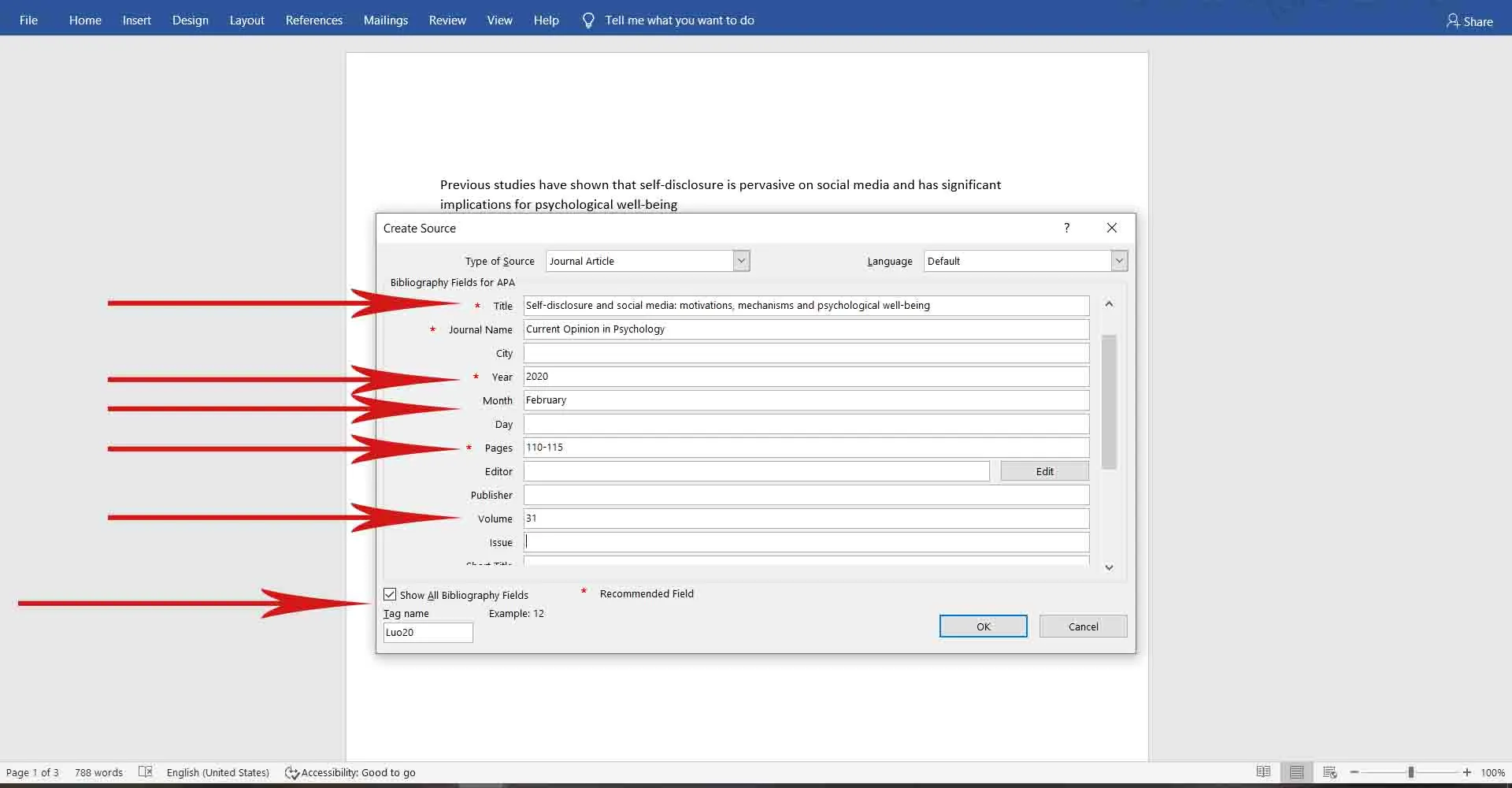 Once you choose Create Source, you can then enter the Title, Journal Name, Year (of publication), Month (of publication), Pages (where the article can be found within the journal), and Volume number.