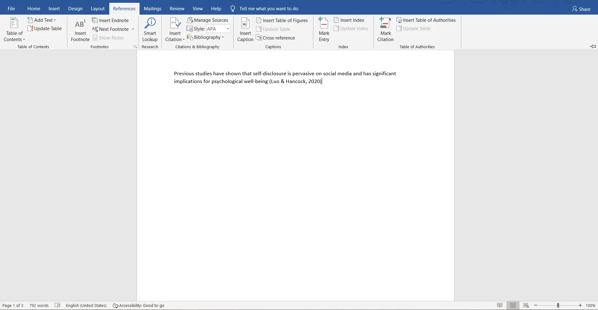 Microsoft Word will automatically generate the in-text citation in the correct format based on the citation style you choose when you added the new source.