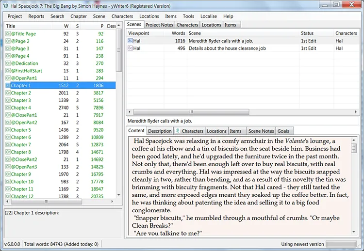 Screenshot of yWriter.com, free novel writing software.