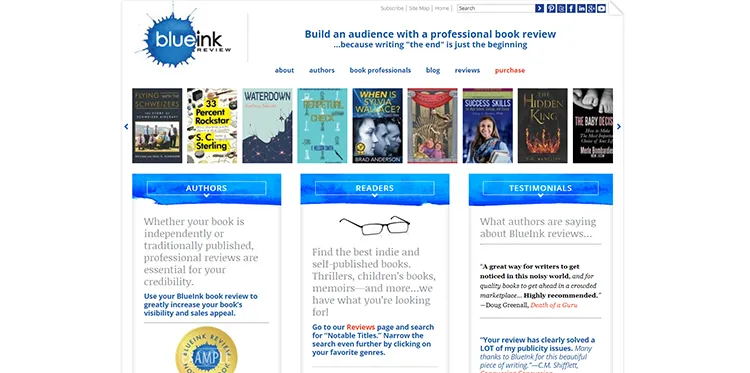 Screenshot of BlueInkReview's home page.