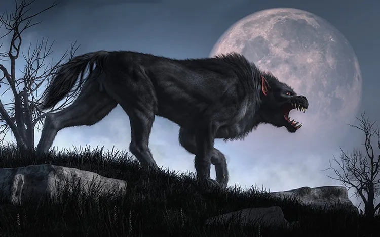 werewolf snarling with the moon in the background