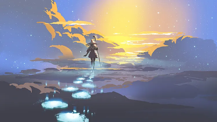 A witch walks on the clouds with magic