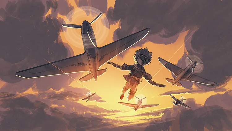 A boy flying in the sky with planes