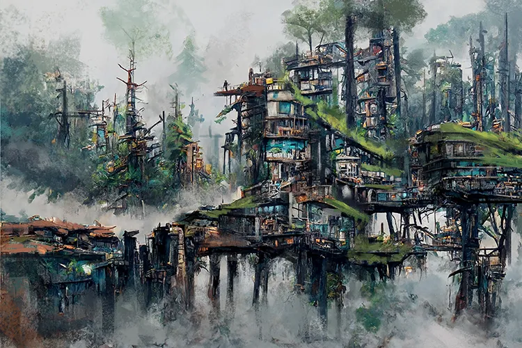 Treetop village made out of scrap parts
