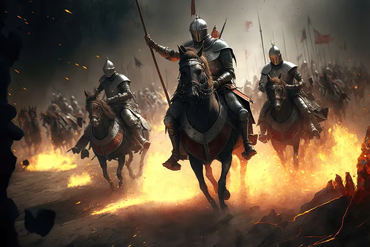Knights riding on horses into battle