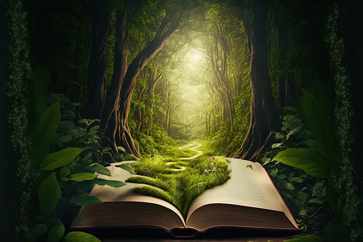 Open book revealing a fantasy forest