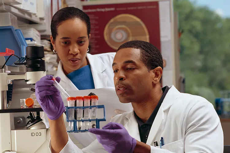 Two people performing a lab experiment