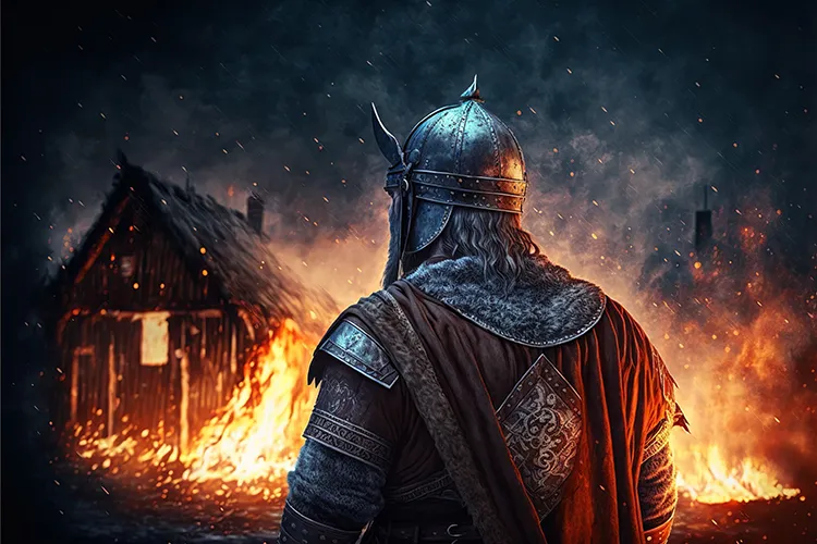 Warrior looking at his burning village
